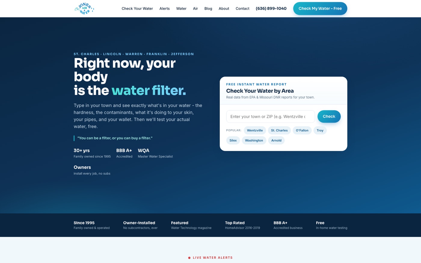 Jones Air and Water website with water check tool